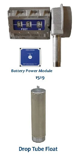mechanical gauge for tanks up to 25 feet, easy-to-read tank level gauge, tank gauge with relay output, liquid level alarm gauge, battery-powered tank gauge system, gauge installs through 2-inch tank bung, vapor-sealed tank gauge for pressure testing, corrosion-resistant tank gauge materials. Morrison Brothers Co. FIG. 1519 Mechanical Tank Top Gauge with Level Alarm Relay Output. Drop Tube Float.