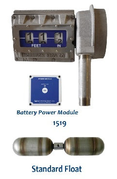 mechanical gauge for tanks up to 25 feet, easy-to-read tank level gauge, tank gauge with relay output, liquid level alarm gauge, battery-powered tank gauge system, gauge installs through 2-inch tank bung, vapor-sealed tank gauge for pressure testing, corrosion-resistant tank gauge materials. Morrison Brothers Co. FIG. 1519 Mechanical Tank Top Gauge with Level Alarm Relay Output. Standard Float