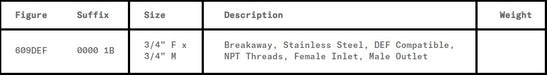 Morrison Brothers Co, 609DEF, Breakaway, Stainless Steel, DEF, Designed for conventional and consumer pump Diesel Exhaust Fluid (DEF) dispensing, protect against damages, Not intended to be installed into the base of a nozzle.
