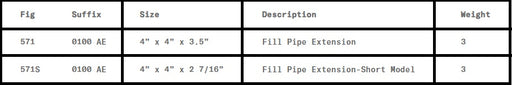 Morrison Brothers Co, 571, 571S Fill Pipe Extension, Installed on the tank riser pipe to make up for adjustment in the grade level due to tank settlement, Threads in between the riser pipe and the fill adaptor. Two heights are available.
