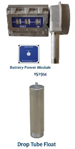 mechanical gauge for tanks up to 25 feet, easy-to-read tank level gauge, tank gauge with relay output, liquid level alarm gauge, battery-powered tank gauge system, gauge installs through 2-inch tank bung, vapor-sealed tank gauge for pressure testing, corrosion-resistant tank gauge materials. Morrison Brothers Co. FIG. 1519, FIG. 1519M Mechanical Tank Top Gauge with Level Alarm Relay Output, Drop Tube Float.