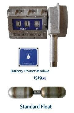 mechanical gauge for tanks up to 25 feet, easy-to-read tank level gauge, tank gauge with relay output, liquid level alarm gauge, battery-powered tank gauge system, gauge installs through 2-inch tank bung, vapor-sealed tank gauge for pressure testing, corrosion-resistant tank gauge materials. Morrison Brothers Co. FIG. 1519, FIG. 1519M Mechanical Tank Top Gauge with Level Alarm Relay Output. Standard Float
