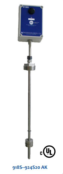 Morrison Brothers Co, Adjustable Level Sensor With Alarm, Alarm, Alarm Box, Sensor, Monitor Liquid Levels, Brass, Stainless Steel, Level Sensor In Liquids Storage Tanks, Activates Audible Alarm, 918S-924, 918-92S