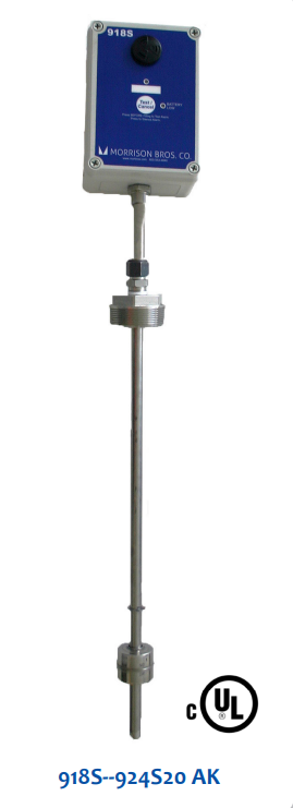 Morrison Brothers Co, Adjustable Level Sensor With Alarm, Alarm, Alarm Box, Sensor, Monitor Liquid Levels, Brass, Stainless Steel, Level Sensor In Liquids Storage Tanks, Activates Audible Alarm, 918S-924, 918-92S