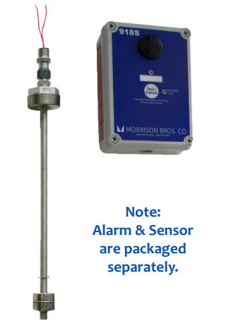 Morrison Brothers Co, Adjustable Level Sensor With Alarm, Alarm, Alarm Box, Sensor, Monitor Liquid Levels, Brass, Stainless Steel, Level Sensor In Liquids Storage Tanks, Activates Audible Alarm, 918S-924, 918-92S
