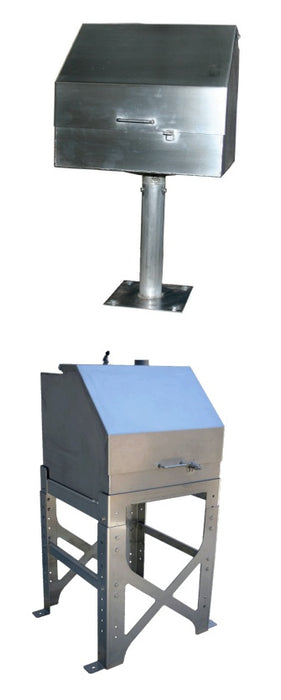 Morrison Brothers Co, 515SD, 515SDST, stainless steel remote fill container, 15-gallon spill containment, lockable vented lid, gas‑spring lid assist, single or dual threaded fuel connections, 2-inch return pump connection, integrated sump drain with locking ball valve, stainless adjustable four‑leg stand, UL 2583 listed, Florida DEP EQ 535 compliant. 