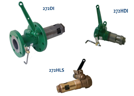 Morrison Brothers Co, 272 Internal Emergency Valves, Designed for installation at the bottom outlet of an aboveground storage
tank (AST) where product flow must be stopped in the event of a fire.
Fusible link holds the spring loaded valve open until activated. • Adjustable hold-open mechanism
• 212° UL listed fusible link standard (165° available)
• Shear section model provides added impact protection
• Locking models for added theft deterrent.