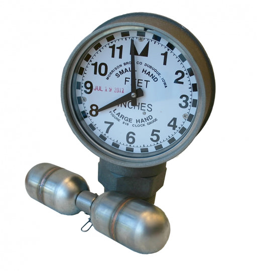 Clock Gauge, 818, 818F, 818T, 818TF, Morrison Brothers Co, Aboveground Tank, Measure Liquid Level, Liquid Level Reading, Feet, Inches, Easy Installation, Accurate to 1/8", Rotates 360 Degrees, Body, Float, Cable, Standard Float, Visual Indicator, High Level (Red), Low Level (Green), Face Plate