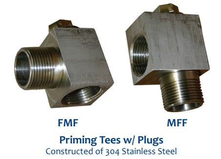 Morrison Brothers Co, priming tee, optional device, installer/operator, fill piping system with fluid, establish prime for pumps, access point for maintenance, system troubleshooting, installing pressure gauge, FMF, MFF, Plugs, Stainless Steel, 304, Priming Tees w/ Plugs. 