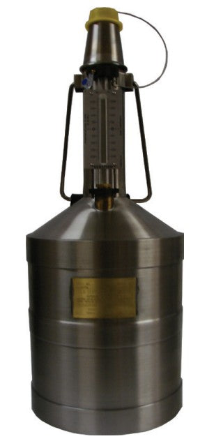 Morrison Brothers Co, 449CVR, fuel dispenser test measure, liquid dispensing calibration container, 20 liter stainless steel test measure, Measurement Canada approved test equipment, fuel pump accuracy testing tool, vapor retention funnel for fuel testing, high resolution neck calibration measure, retail fuel dispenser verification equipment, stainless steel calibration container, metered output verification tool. Prover and Funnel.