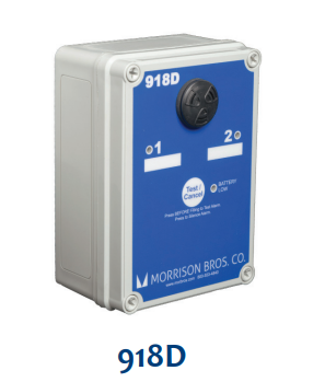 918 Series Alarm Box, Safe Audible Alarm and Visual Alarm Indication, 918S, 918D, 918Q, Visual Alarm Indicators Lights, Series Single,  Dual Series, Quad Series Channel Alarm Box, Lithium Battery Powered, Monitor Up To Four Sensor Signals, Compatible with Morrison 918 clock gauges and 924, 924LS, and 925 level sensors, Can be installed remote from gauge or level sensor, 90 dB audible alarm at 4 feet.