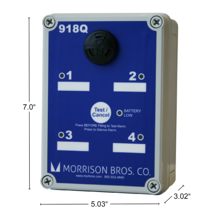 918 Series Alarm Box, Safe Audible Alarm and Visual Alarm Indication, 918S, 918D, 918Q, Visual Alarm Indicators Lights, Series Single,  Dual Series, Quad Series Channel Alarm Box, Lithium Battery Powered, Monitor Up To Four Sensor Signals, Compatible with Morrison 918 clock gauges and 924, 924LS, and 925 level sensors, Can be installed remote from gauge or level sensor, 90 dB audible alarm at 4 feet.
