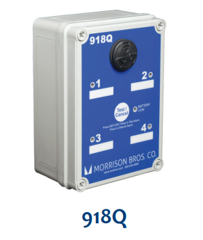 918 Series Alarm Box, Safe Audible Alarm and Visual Alarm Indication, 918S, 918D, 918Q, Visual Alarm Indicators Lights, Series Single,  Dual Series, Quad Series Channel Alarm Box, Lithium Battery Powered, Monitor Up To Four Sensor Signals, Compatible with Morrison 918 clock gauges and 924, 924LS, and 925 level sensors, Can be installed remote from gauge or level sensor, 90 dB audible alarm at 4 feet.