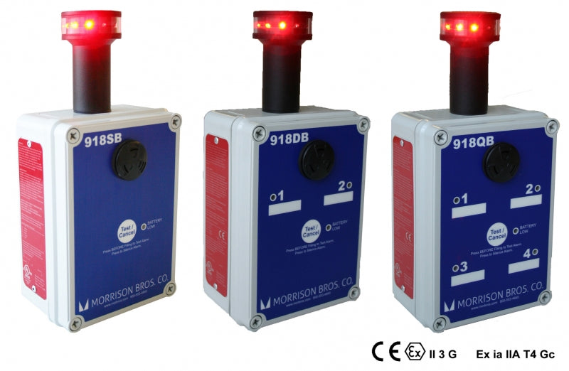 Morrison 918 Series Alarm Box, Rotating Beacon, Intrinsically Safe Audible Alarm and 360º Rotating, Visual Beacon, 918SB, 918DB, 918QB, 10 Red LED Lamps, 918SB is a single input channel tank alarm box,  918DB is a dual (2) input channel tank alarm box (input channel indicator
light on front panel), 918QB is a quad (4) input channel tank alarm box (input channel indicator
light on front panel), 90 dB audible alarm at 4 feet, Lithium Battery, 