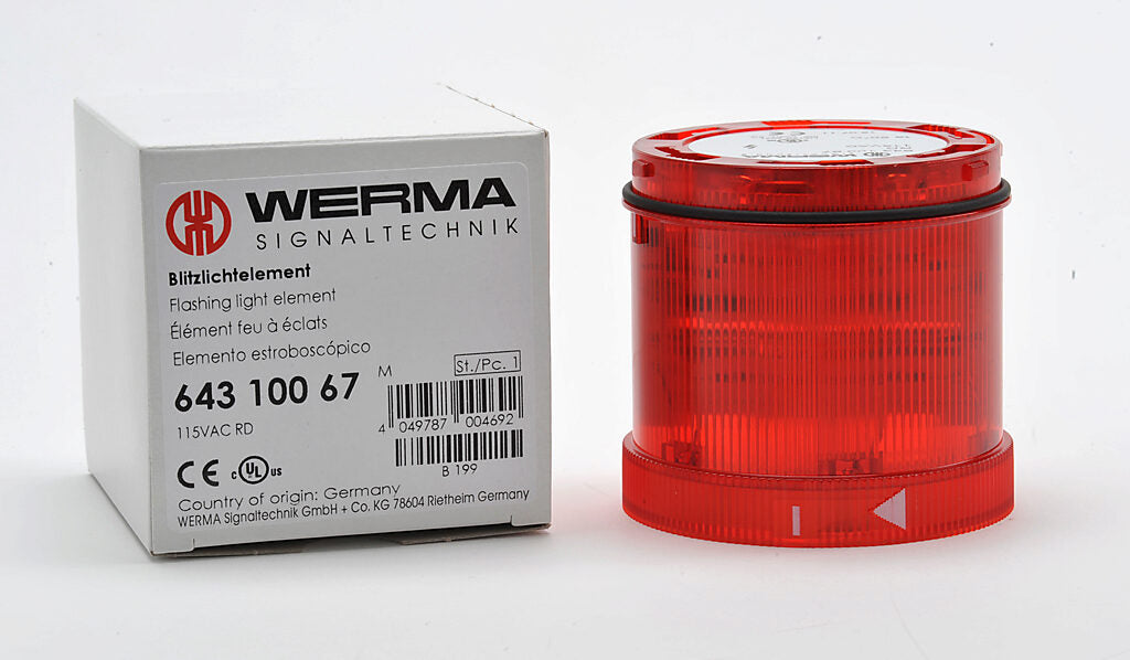 WERMA Xenon tube light element, 70mm diameter, red, flashing (1 Hz ON for 10ms) light function, 115 VAC, colored lens, IP65.